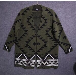 FRYE Cardigan Sweater Women XL Green Warm Open Front Tribal Aztec Print Knit EUC